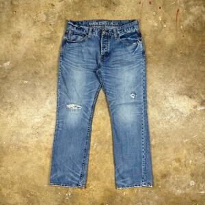 Y2K American Eagle Men’s 34x30 Straight Leg‎ Button Fly Jeans Blue Distressed